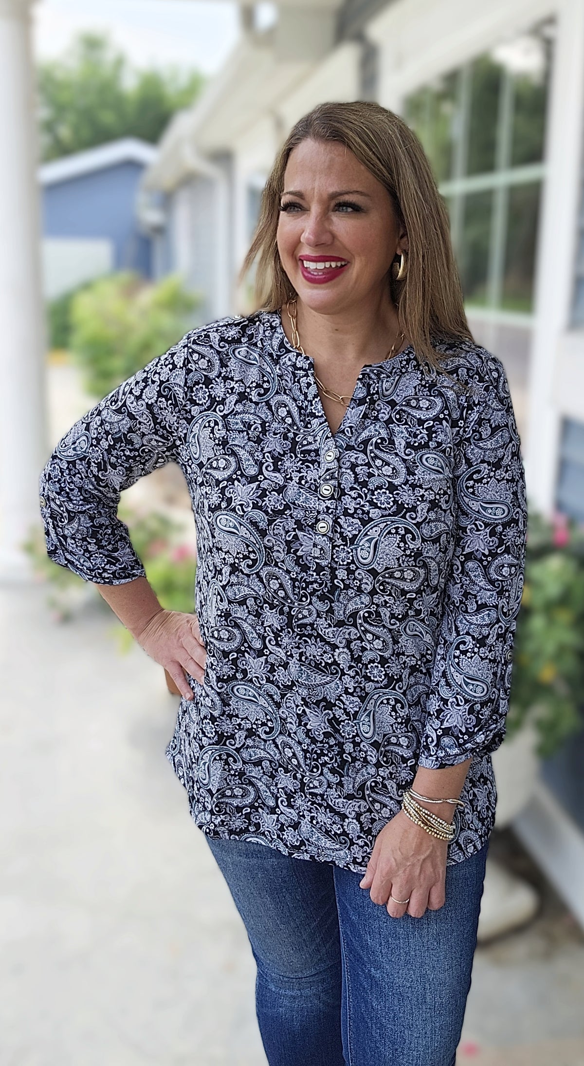 DEAR SCARLETT BLACK/GREY PAISLEY PRINT LUXE LIZZY TOP