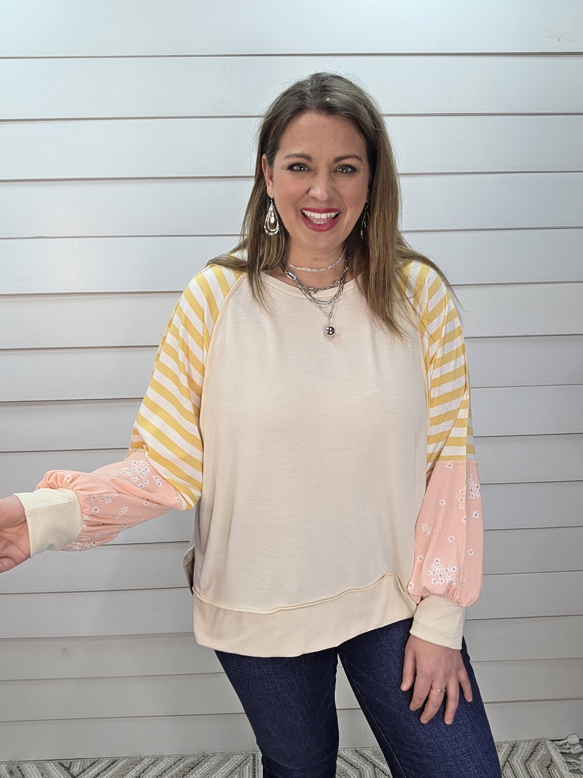 OATMEAL FRENCH TERRY LOOSE FIT TOP W/ STRIPED/FLORAL CONTRAST SLEEVES