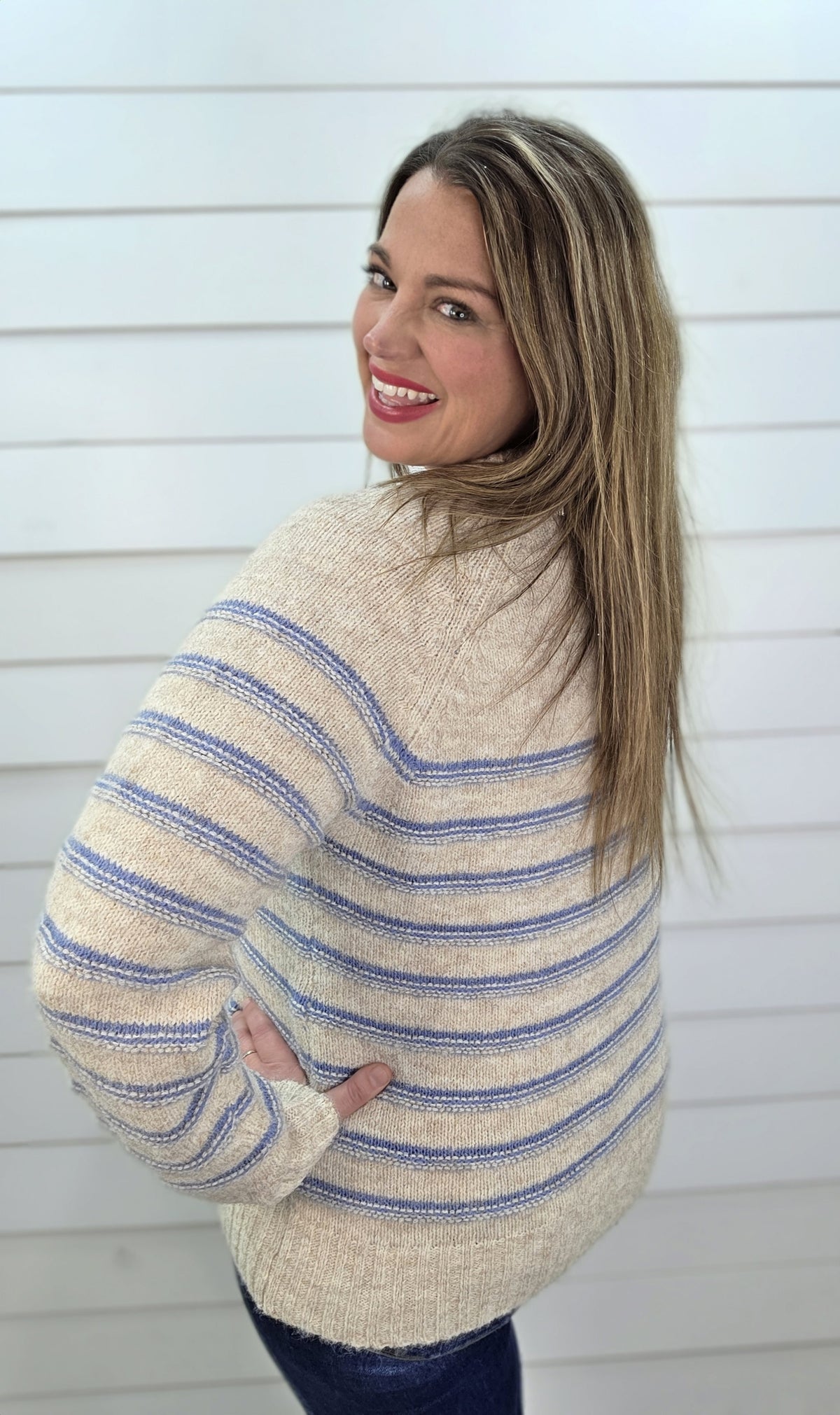 OATMEAL/BLUE STRIPED WOOD BUTTON PULLOVER SWEATER