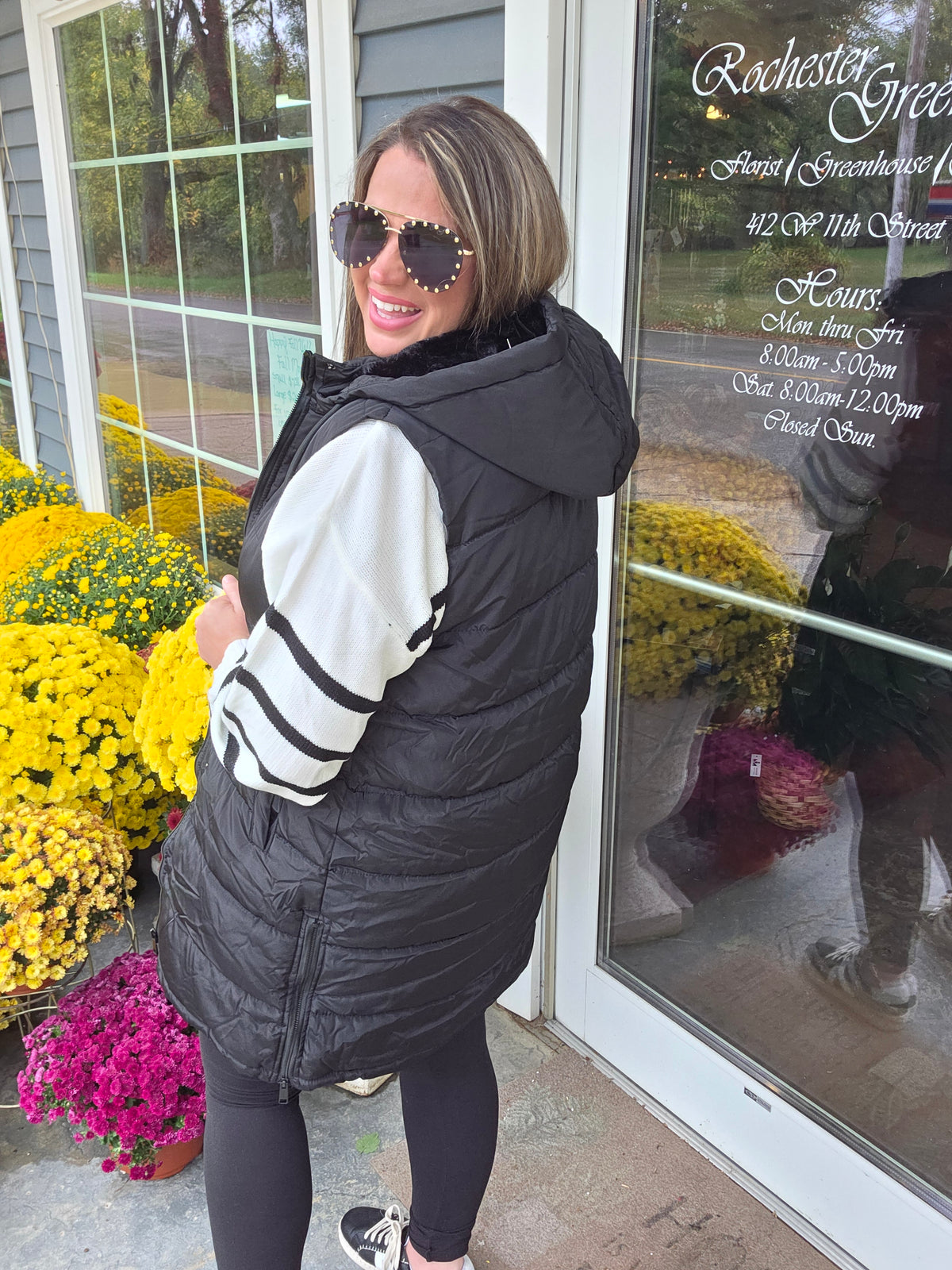 BLACK LONG HOODED PUFF VEST W/ SIDE ZIPPER