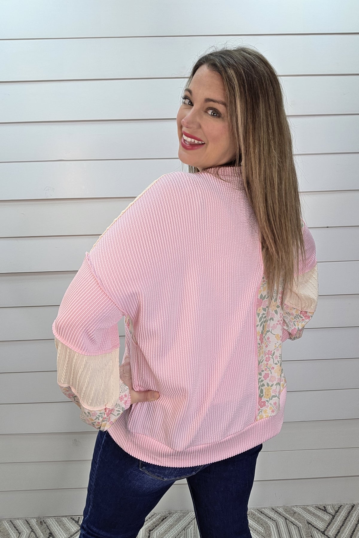 PINK/FLORAL RAISED RIBBED PATCHWORK KNIT TOP
