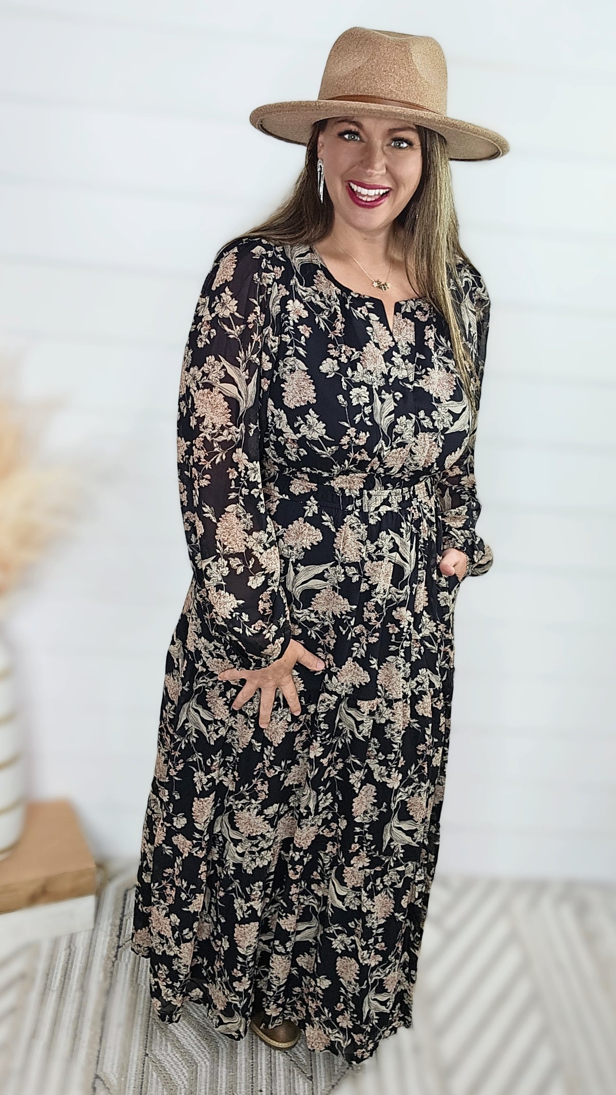 BLACK FLORAL ELASTIC WAIST LONG DRESS