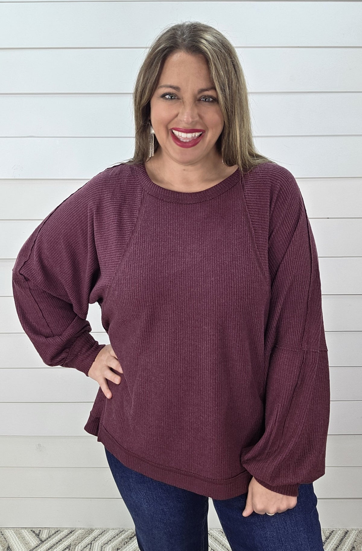 BURGUNDY BRUSHED KNIT OVERSIZED TOP