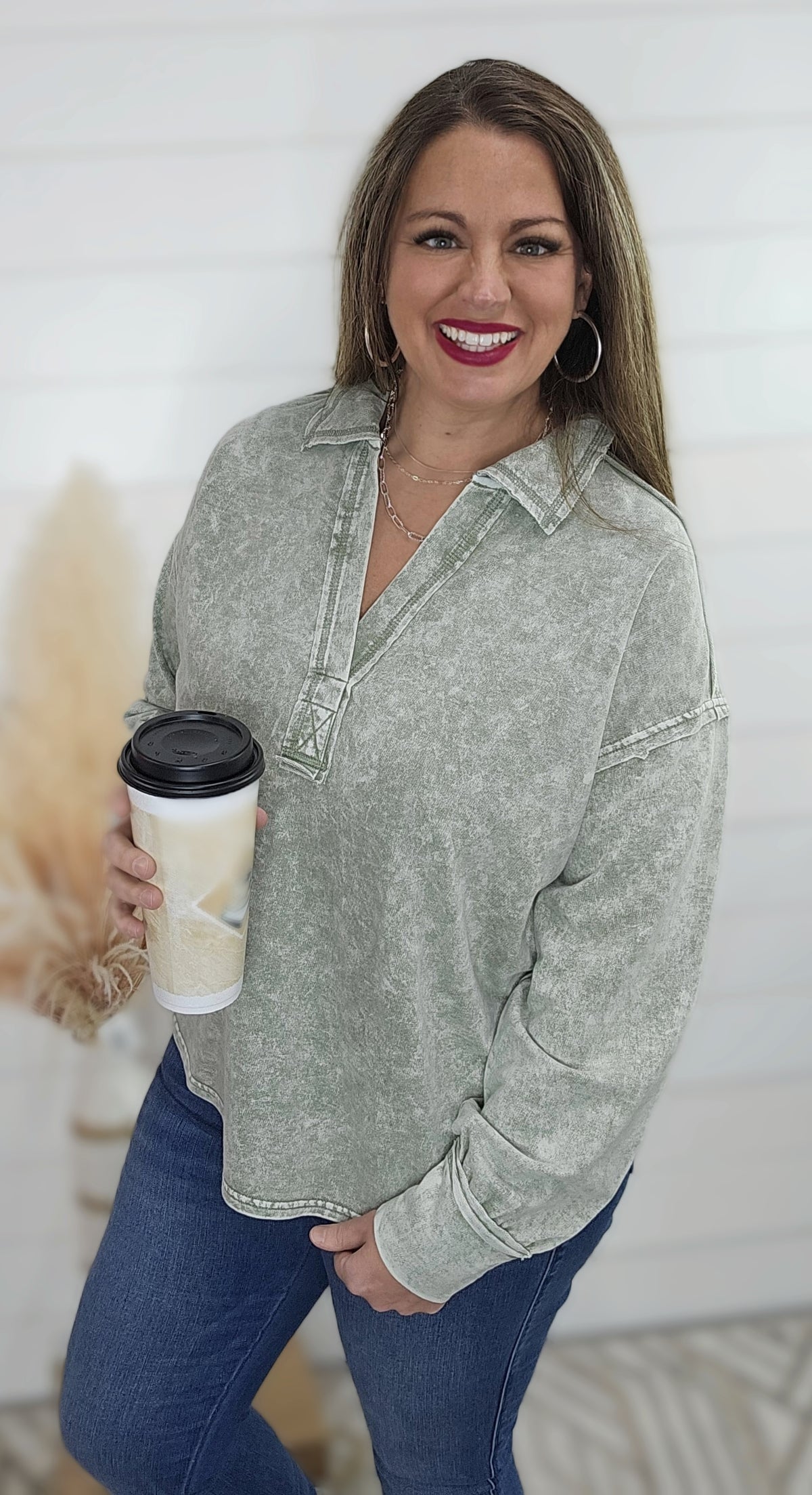 OLIVE MINERAL WASH COLLARED LONG SLEEVE TOP