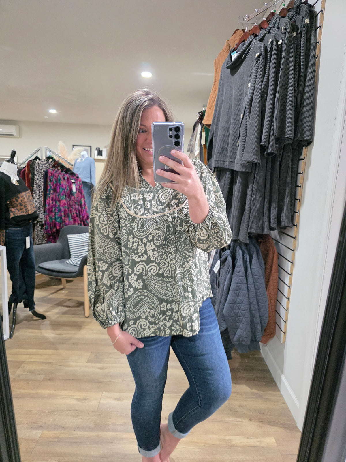OLIVE/TAUPE TEXTURED PRINTED BLOUSE
