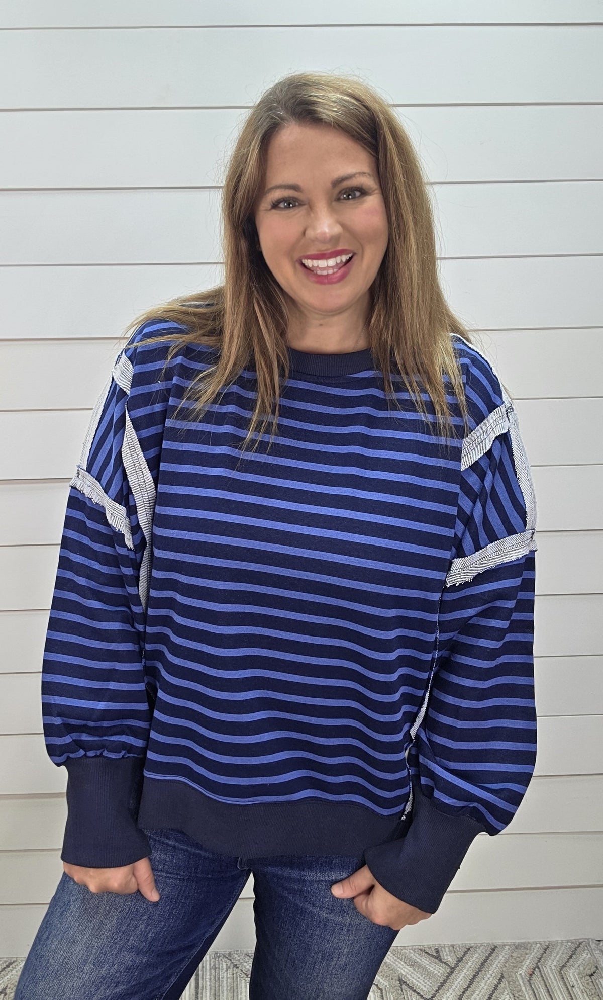 NAVY/DARK BLUE STRIPED OVERSIZED KNIT TOP W/ SIDE SLITS