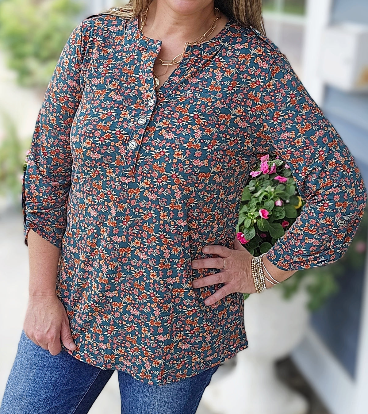 DEAR SCARLETT HUNTER GREEN/RUST FLORAL LUXE LIZZY TOP