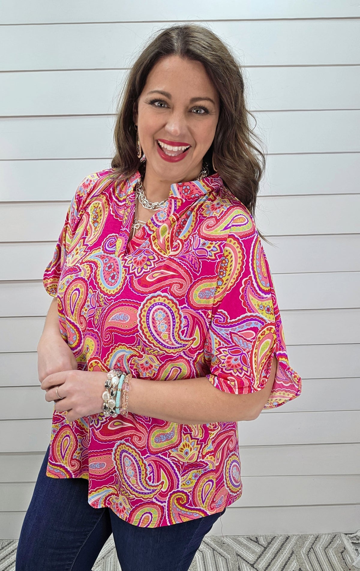 DEAR SCARLETT BREEZE SPLIT SLEEVE TOP - HOT PINK PRINTED