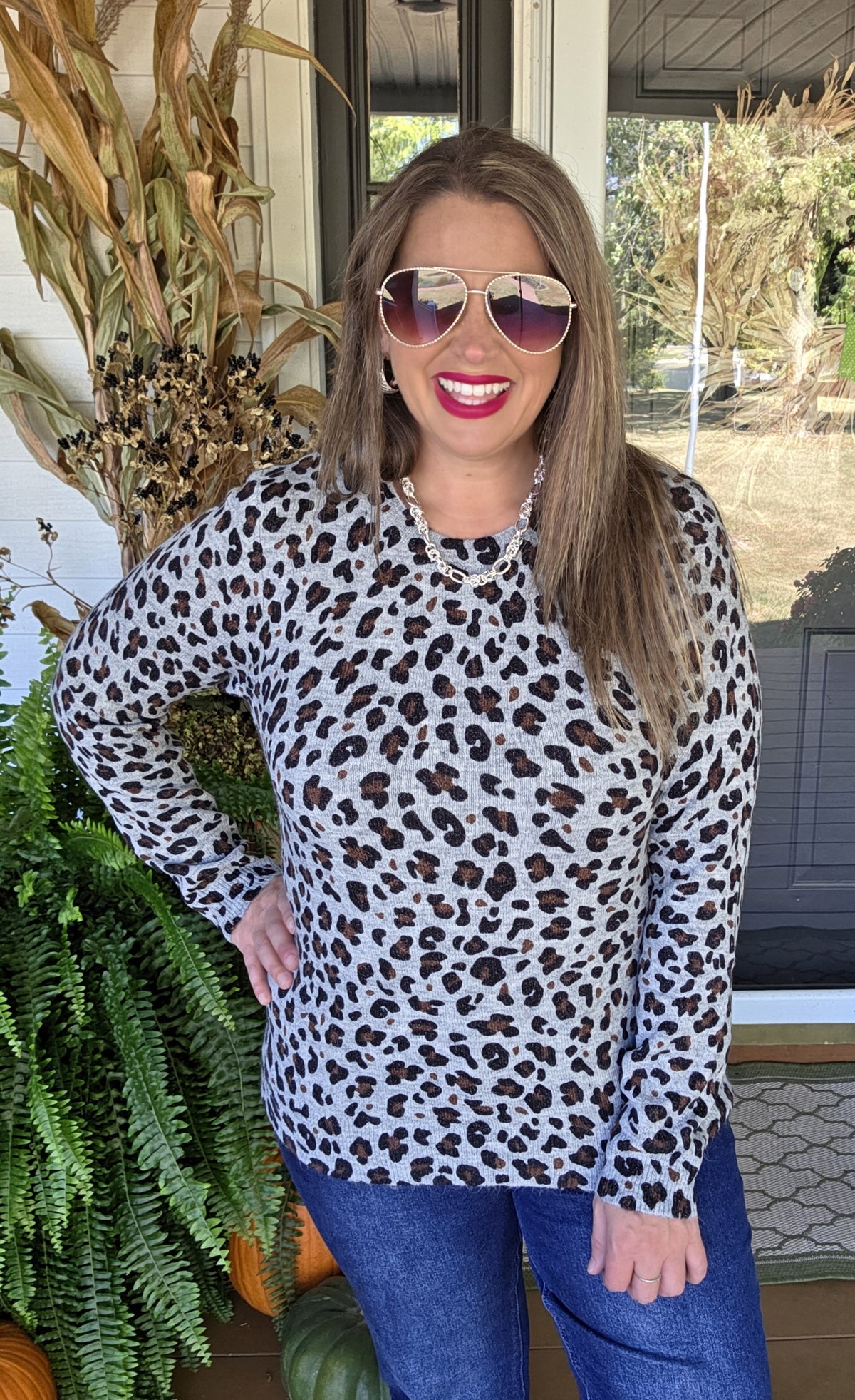 GREY LEOPARD PULLOVER LIGHT WEIGHT SWEATER