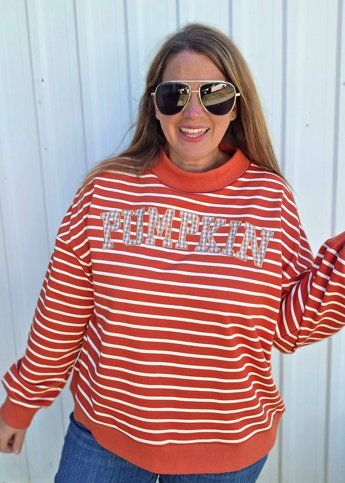 RUST PUMPKIN EMBROIDERED STRIPED With Ribbed Cuffs And Hemline Stripe