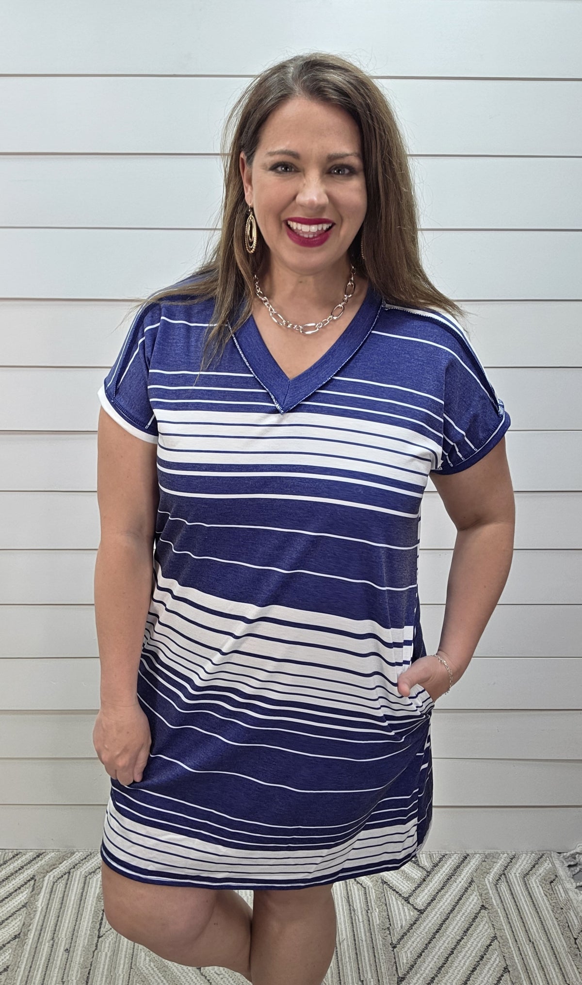 BLUE/WHTIE STRIPED FRENCH TERRY KNIT TSHIRT DRESS