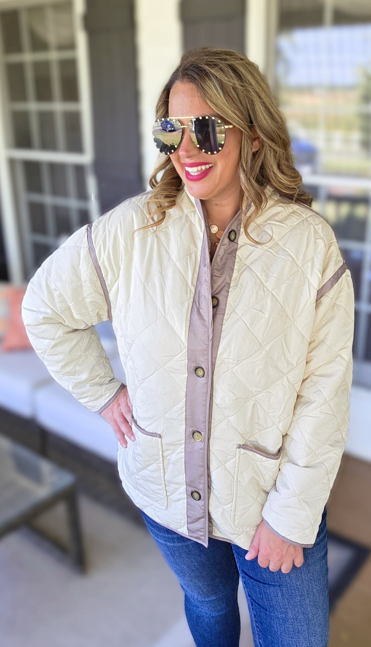 KARENT HART TAUPE REVERSIBLE FLORAL/KHAKI QUILTED JACKET