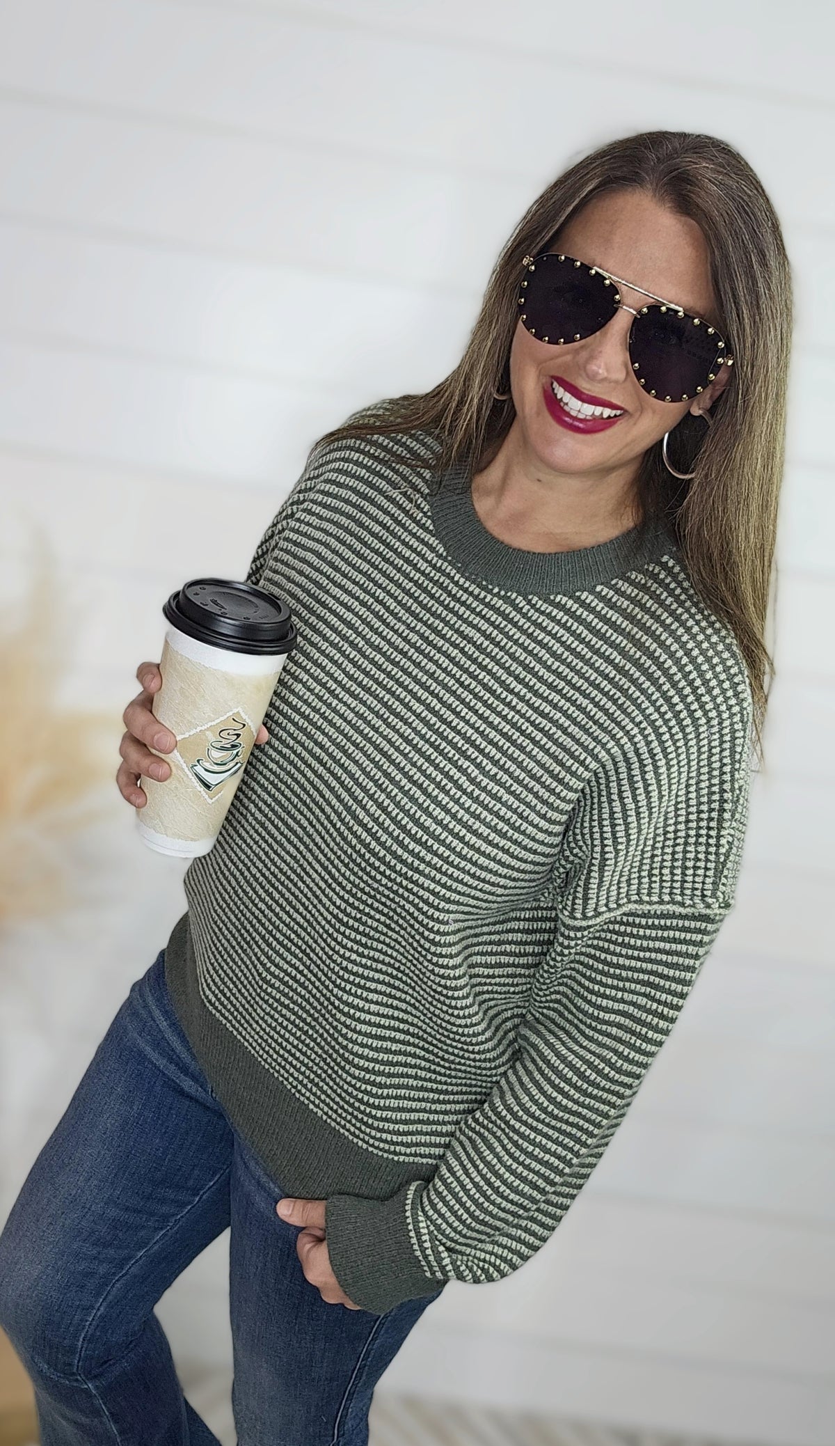 SAGE WAFFLE TEXTURED TWO TONE PULLOVER SWEATER