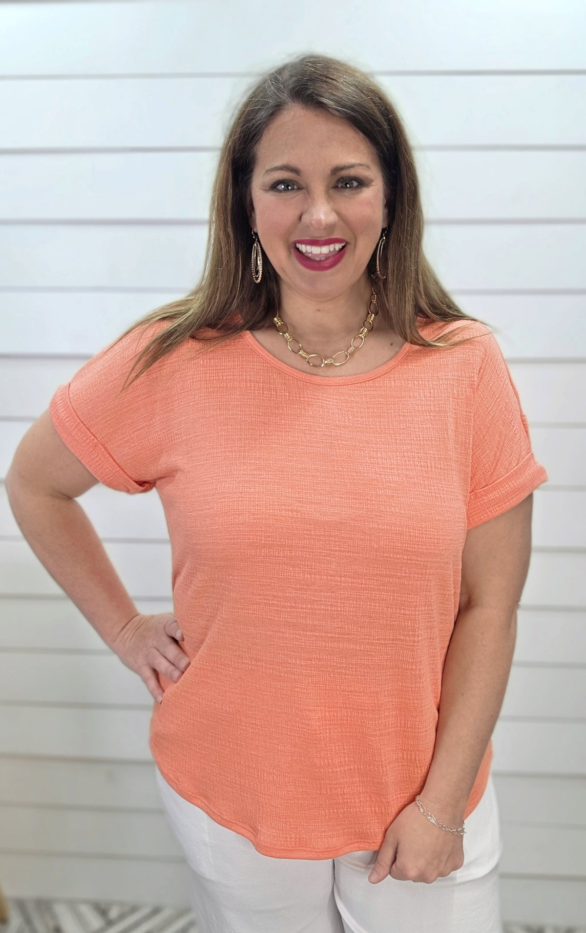 TANGERINE KNIT TOP W/ BUTTON BACK DETAIL