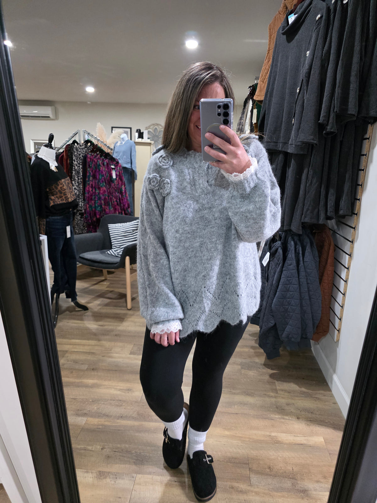 POL HEATHER GREY FLORAL TRIM SWEATER WITH SCALLOPS AND LACE TRIM