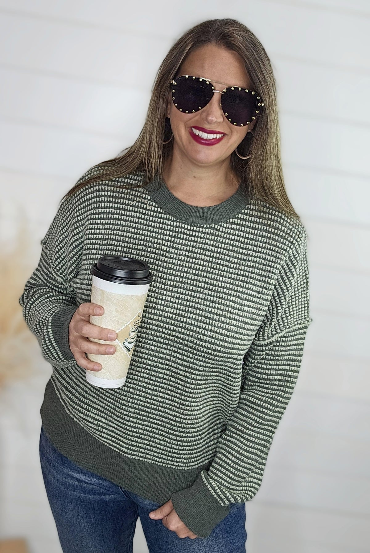 SAGE WAFFLE TEXTURED TWO TONE PULLOVER SWEATER