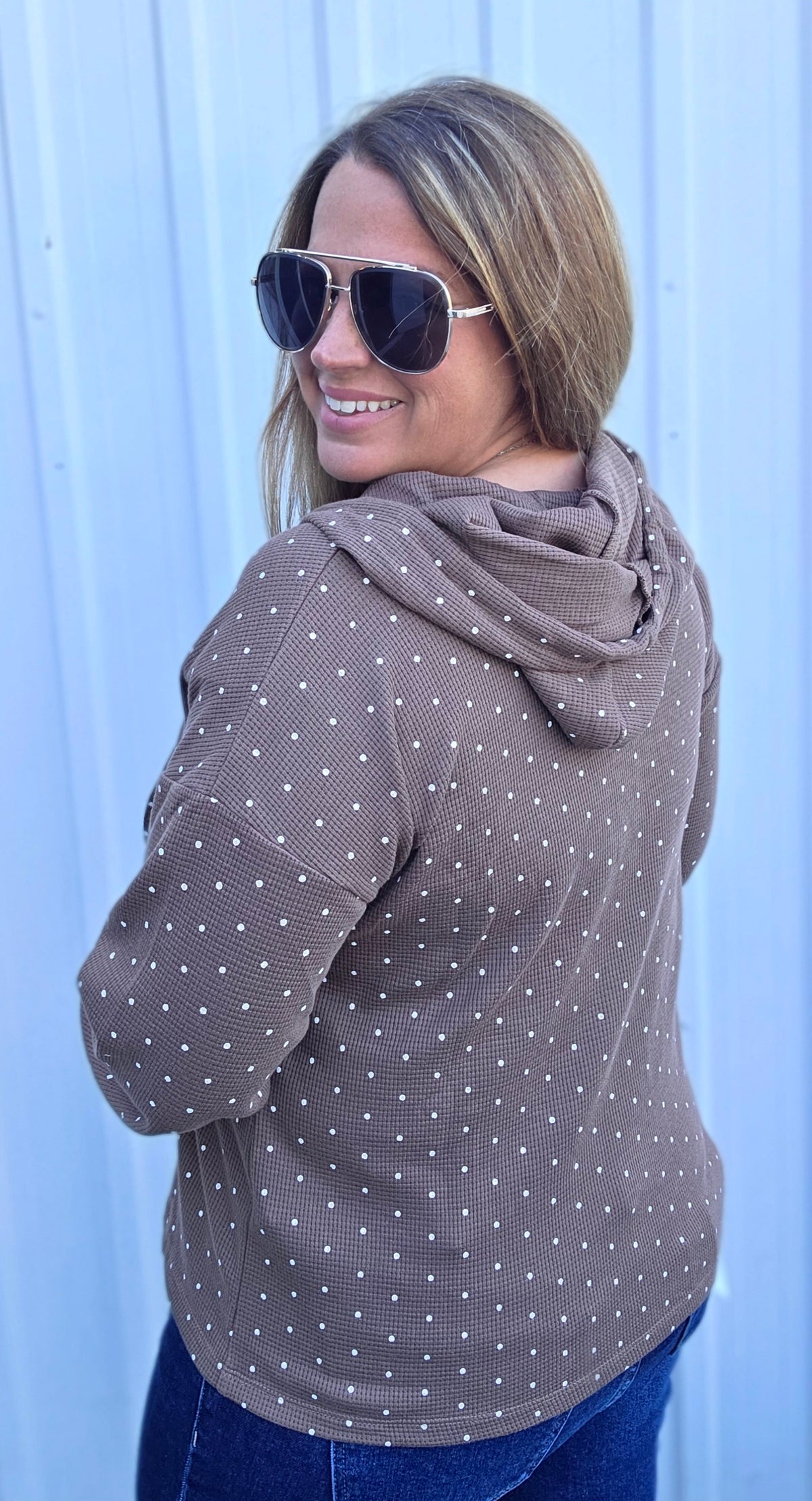 Coffee Drawstring Y Split Neck, Long Sleeve, Polka Dot Printed Light Weight Hoodie