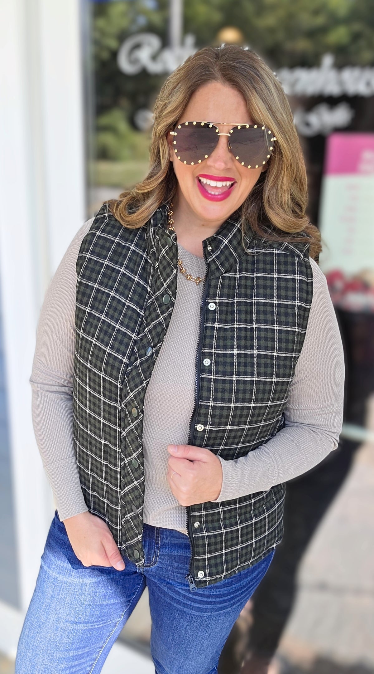 DK GREEN CHECK PLAID SNAP/ZIPPER VEST