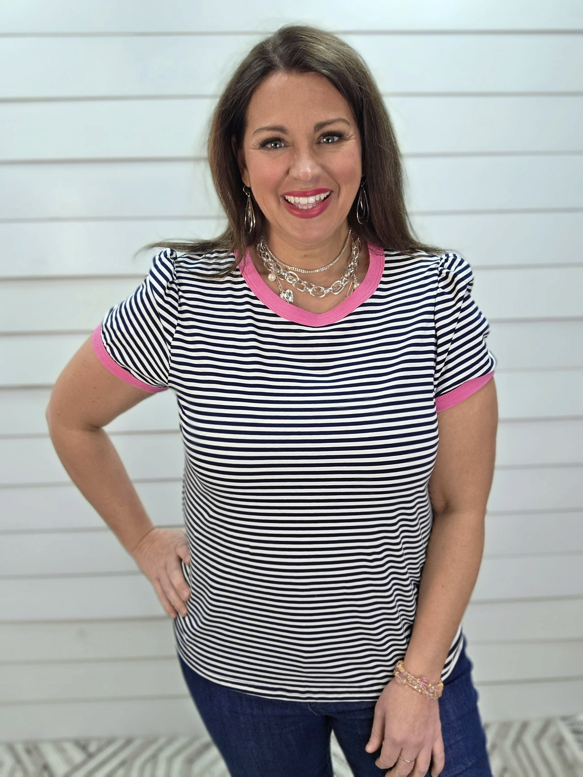 NAVY STRIPED KNIT TOP W/ PINK TRIM AND SMALL PUFF SLEEVE