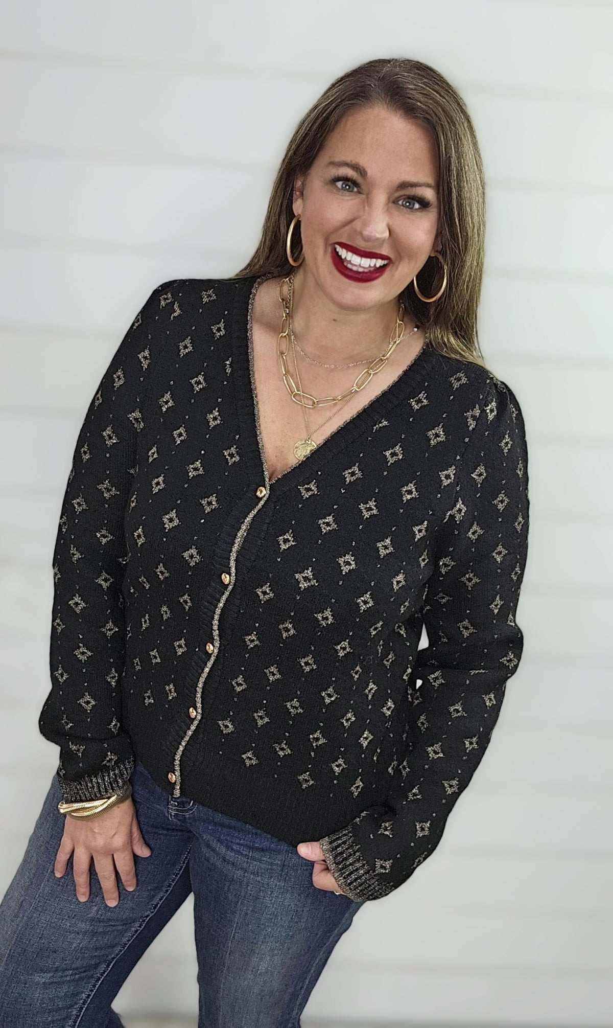 BLACK/GOLD LUXY V NECK BUTTON DOWN CARDIGAN SWEATER