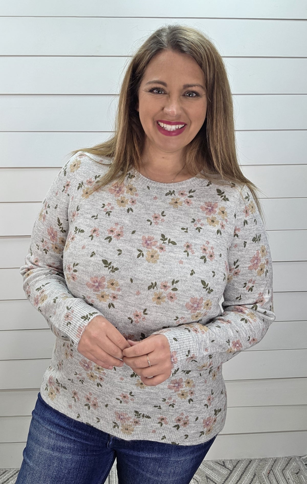 H GREY Flower Printed, Long Sleeve, Super Soft, Crew Neck Light Weight Sweater