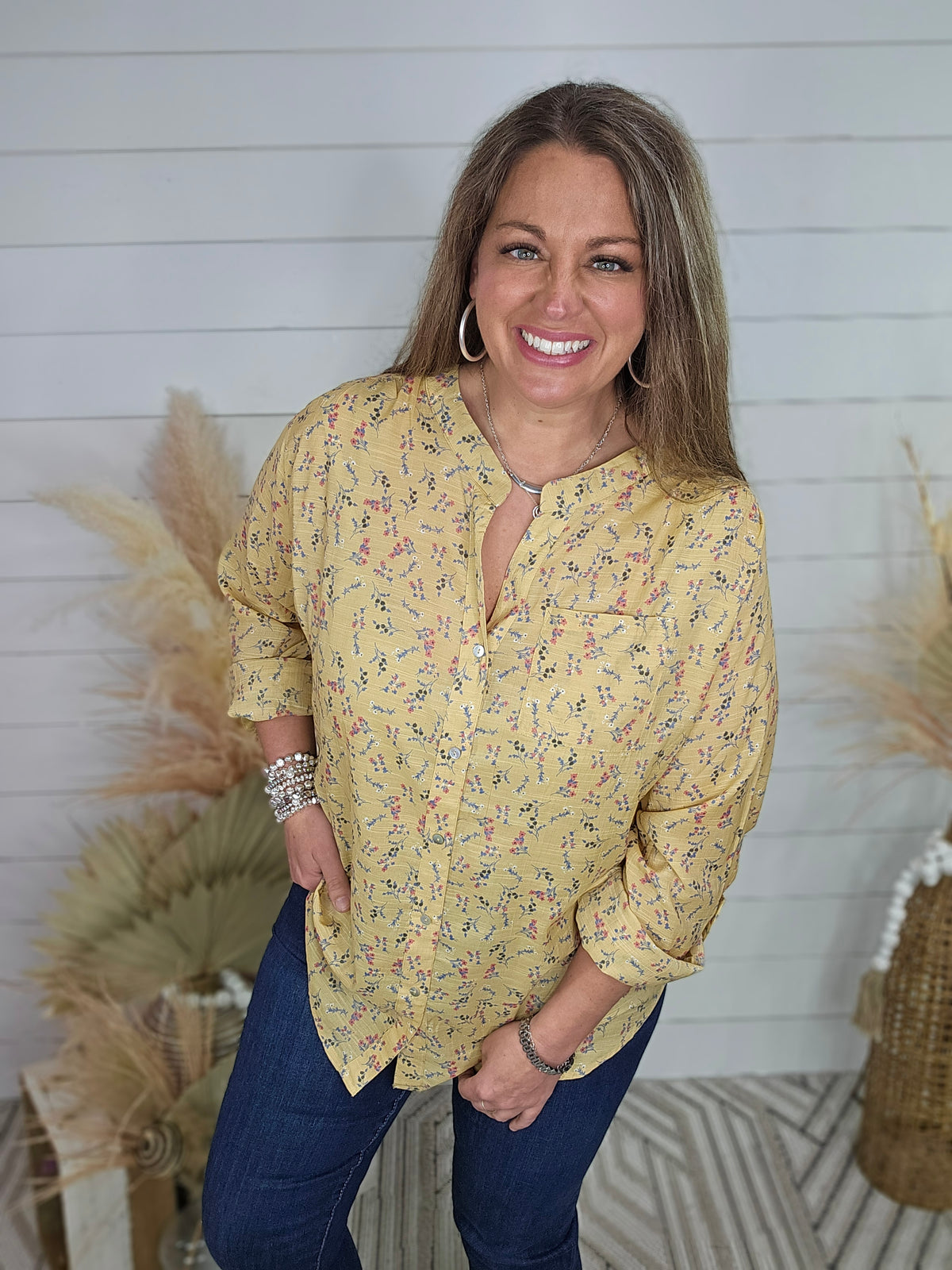 YELLOW DITSY FLORAL ROLL UP SLEEVE BUTTON TOP