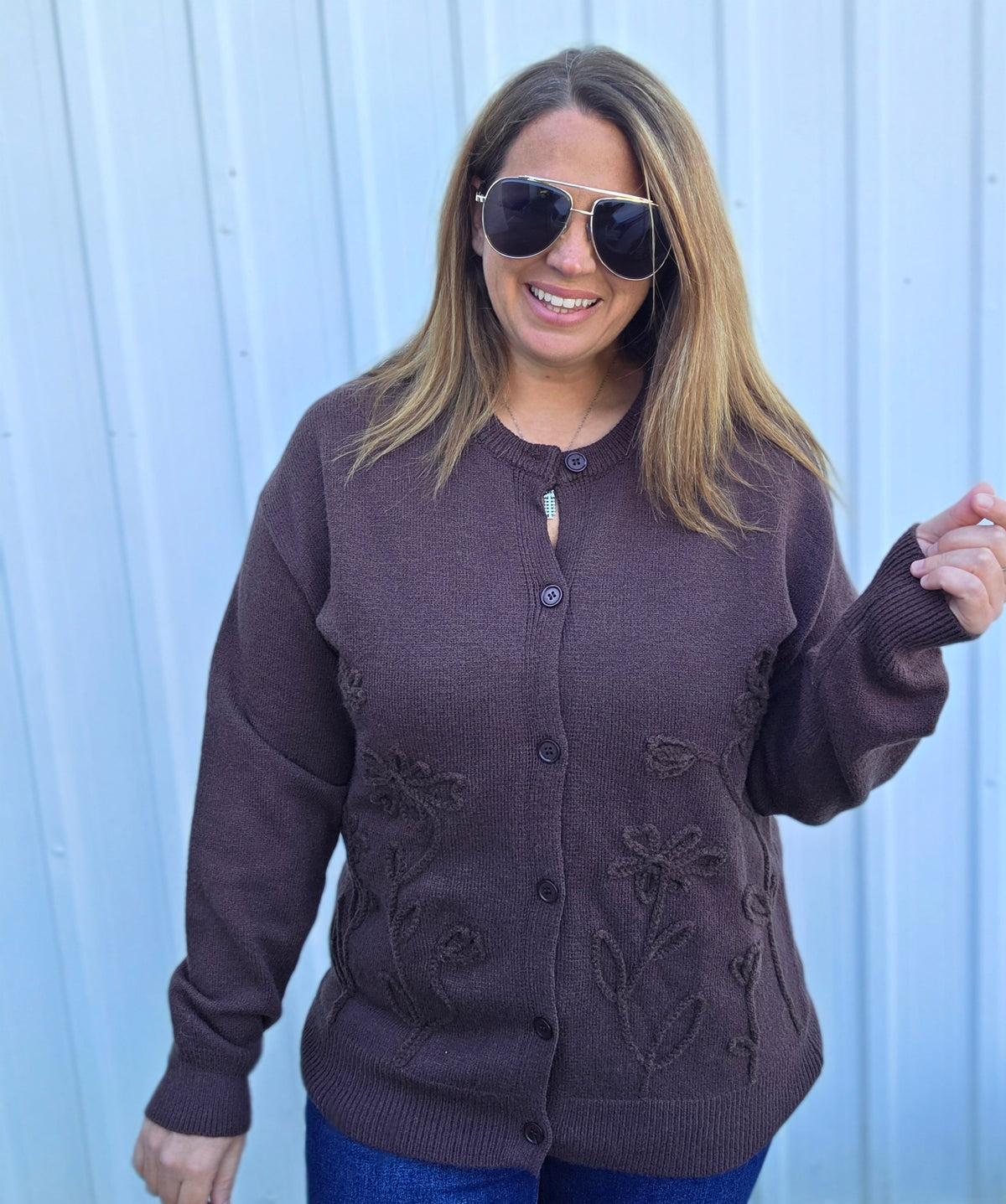 BROWN 3D FLORAL BUTTON DOWN CARDIGAN