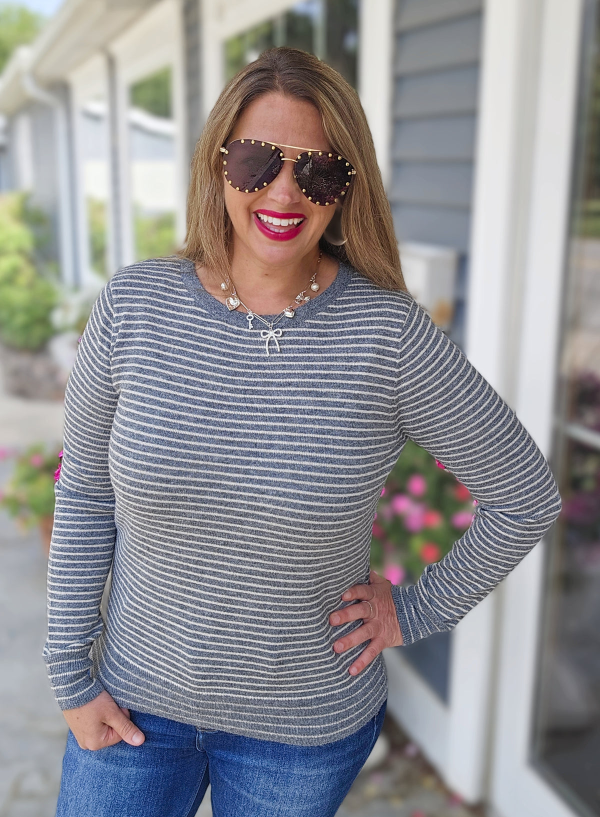 GREY/WHTIE STRIPED LIGHT WEIGHT SWEATER