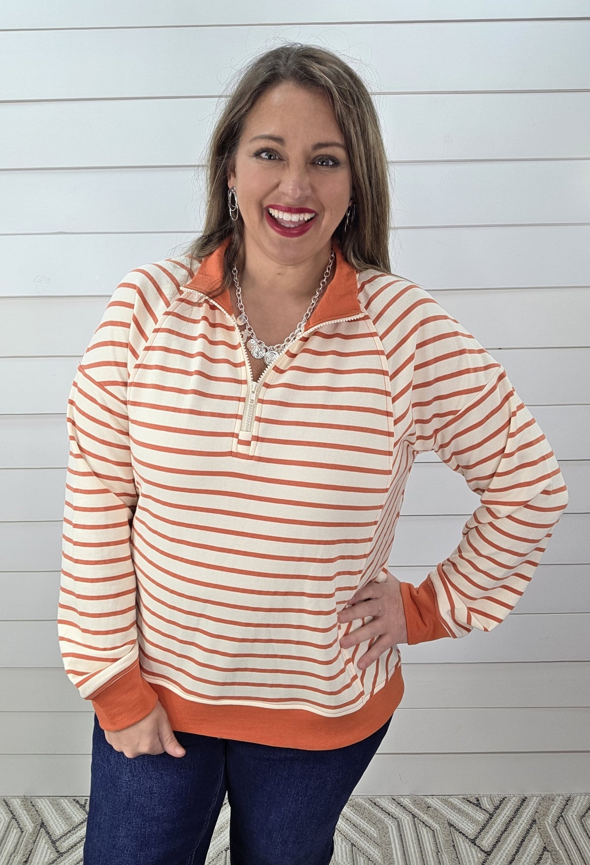 TANGERINE STRIPED FRENCH TERRY QUARTER ZIP