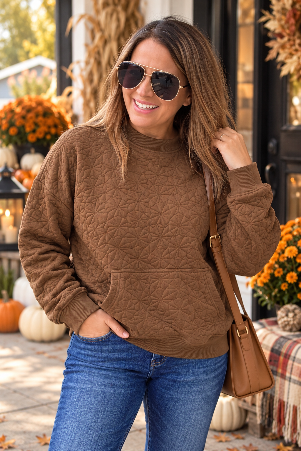 BROWN Crew Neck, Kangaroo Pocket, Quilted Texture Pullover