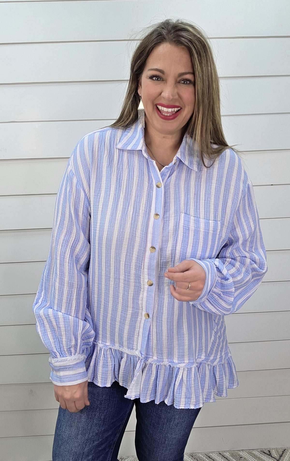 SKY BLUE STRIPED OVERSIZED COTTON GAUZE BUTTON DOWN TOP W/ RUFFLE