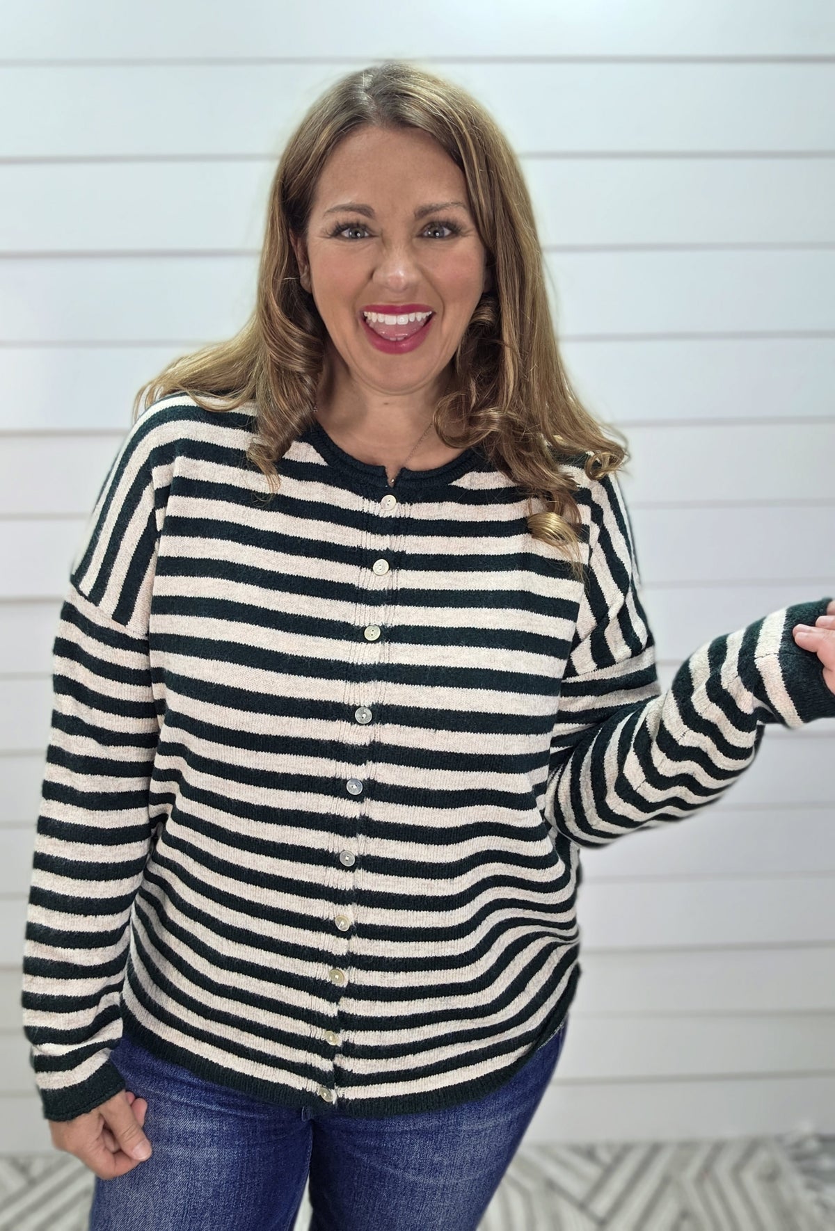FOREST Striped Long Sleeve Button Down Sweater Cardigan
