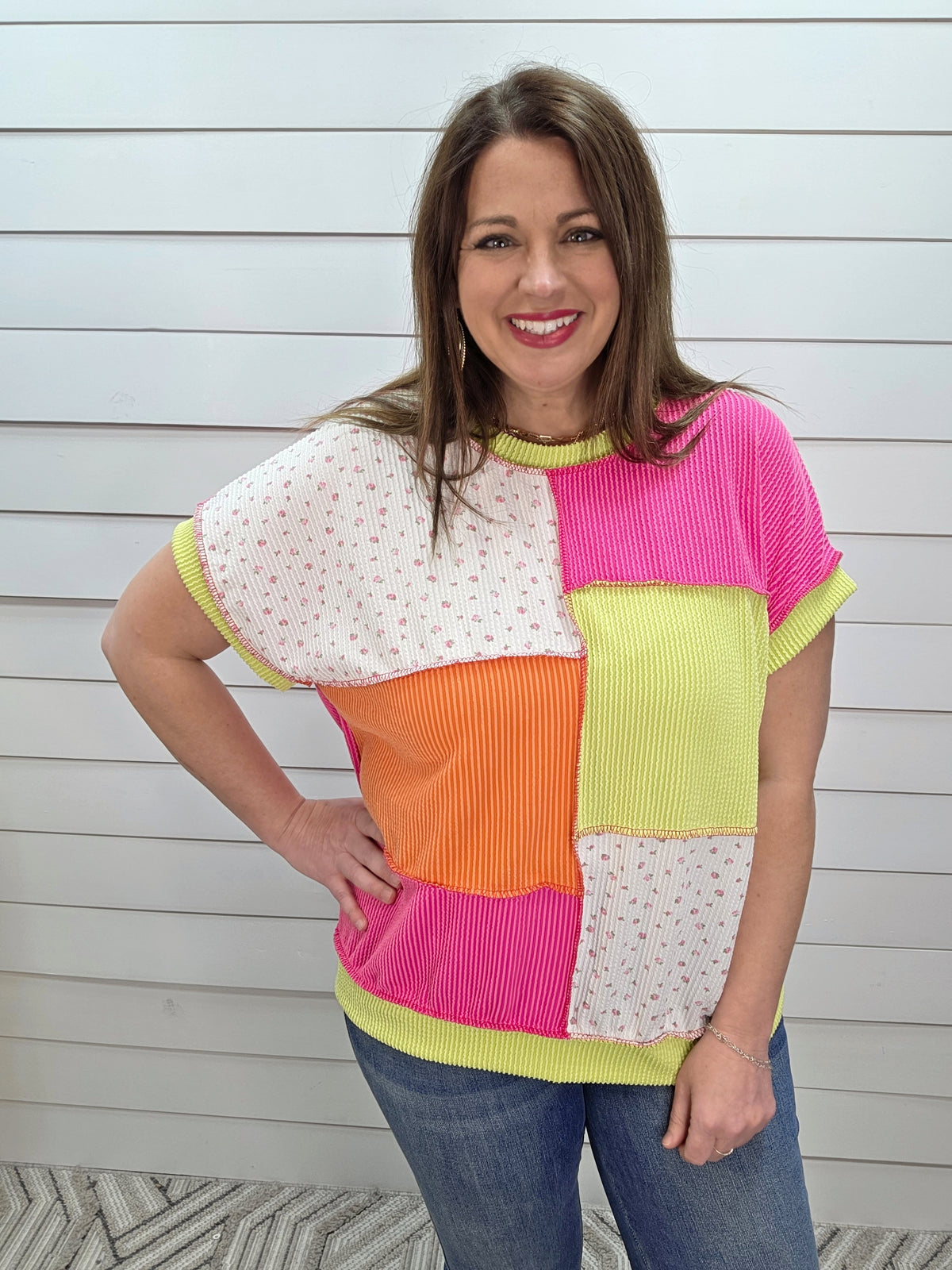 NEON COLORBLOCK RAISED RIBBED KNIT TOP W/ FLORAL TRIM