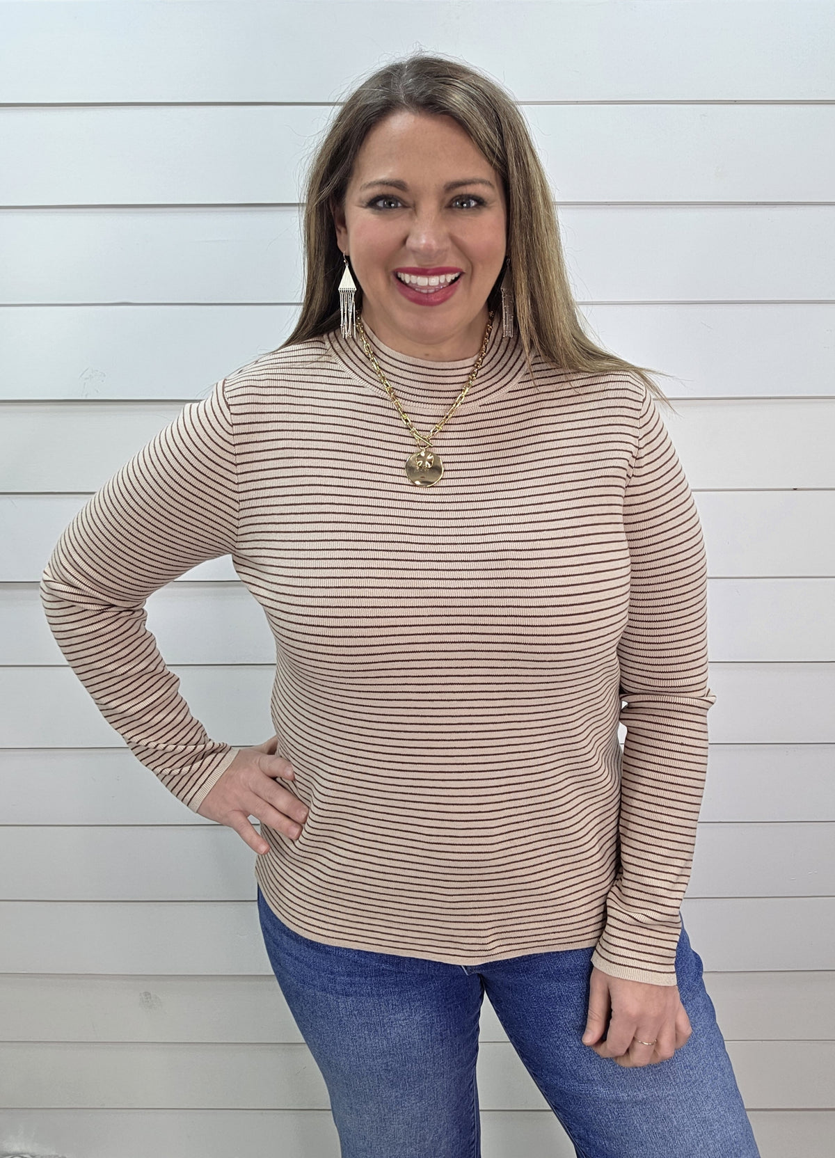 TAUPE PINSTRIPE MOCK NECK PULLOVER LIGHT WEIGHT SWEATER