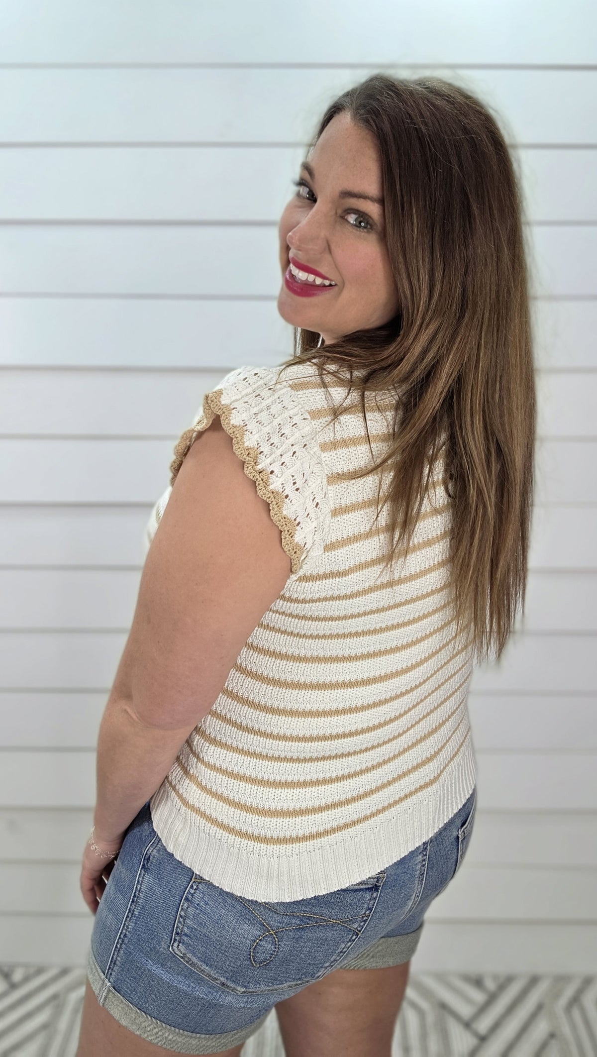 TAUPE/CREAM STRIPED SLEEVELESS SWEATER TOP W/ RUFFLE SLEEVE