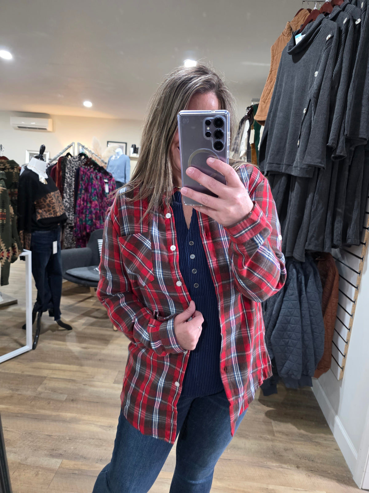 RED CHECK PLAID BUTTON DOWN FLANNEL
