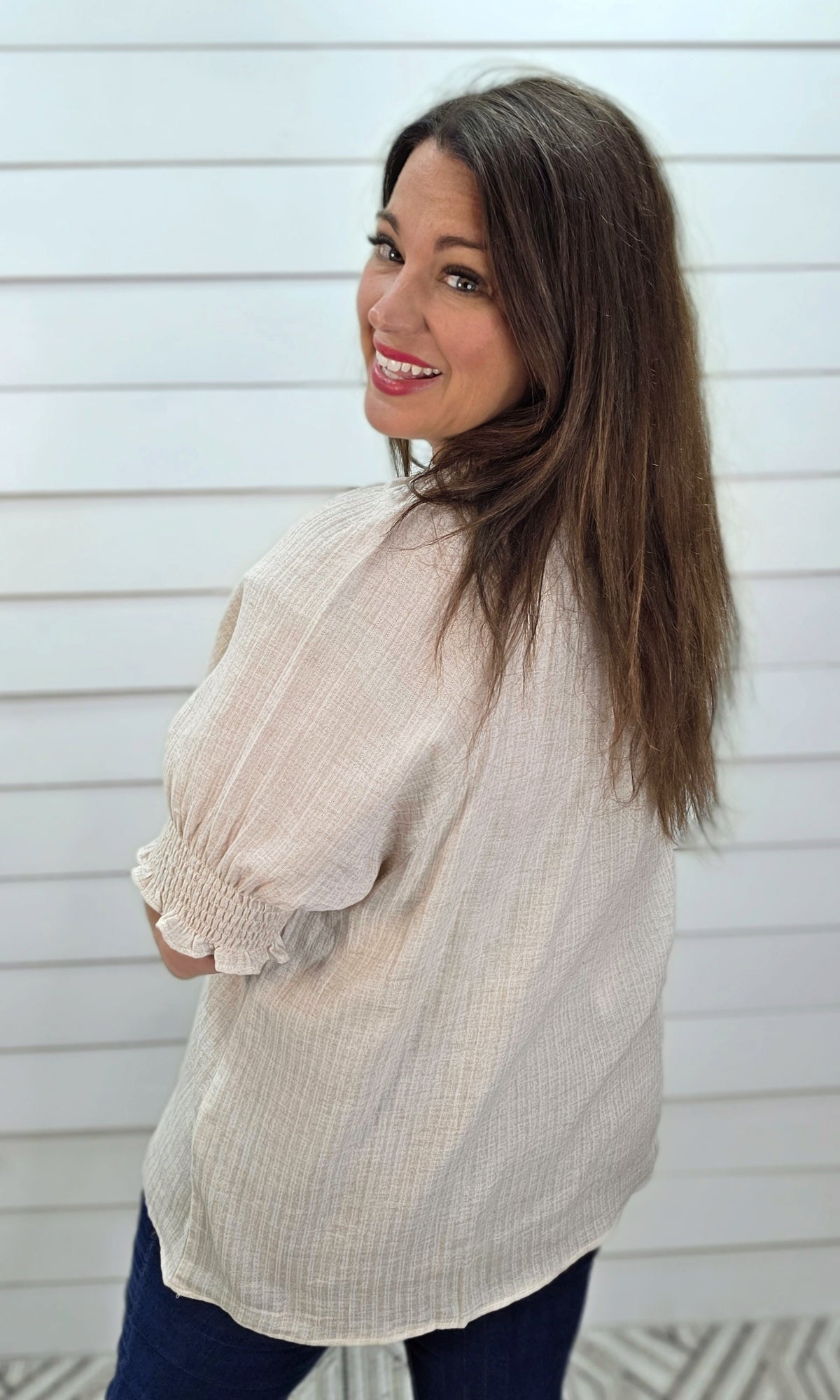 OATMEAL V NECK TOP W/RUFFLE COLLAR & SMOCKED SLEEVES