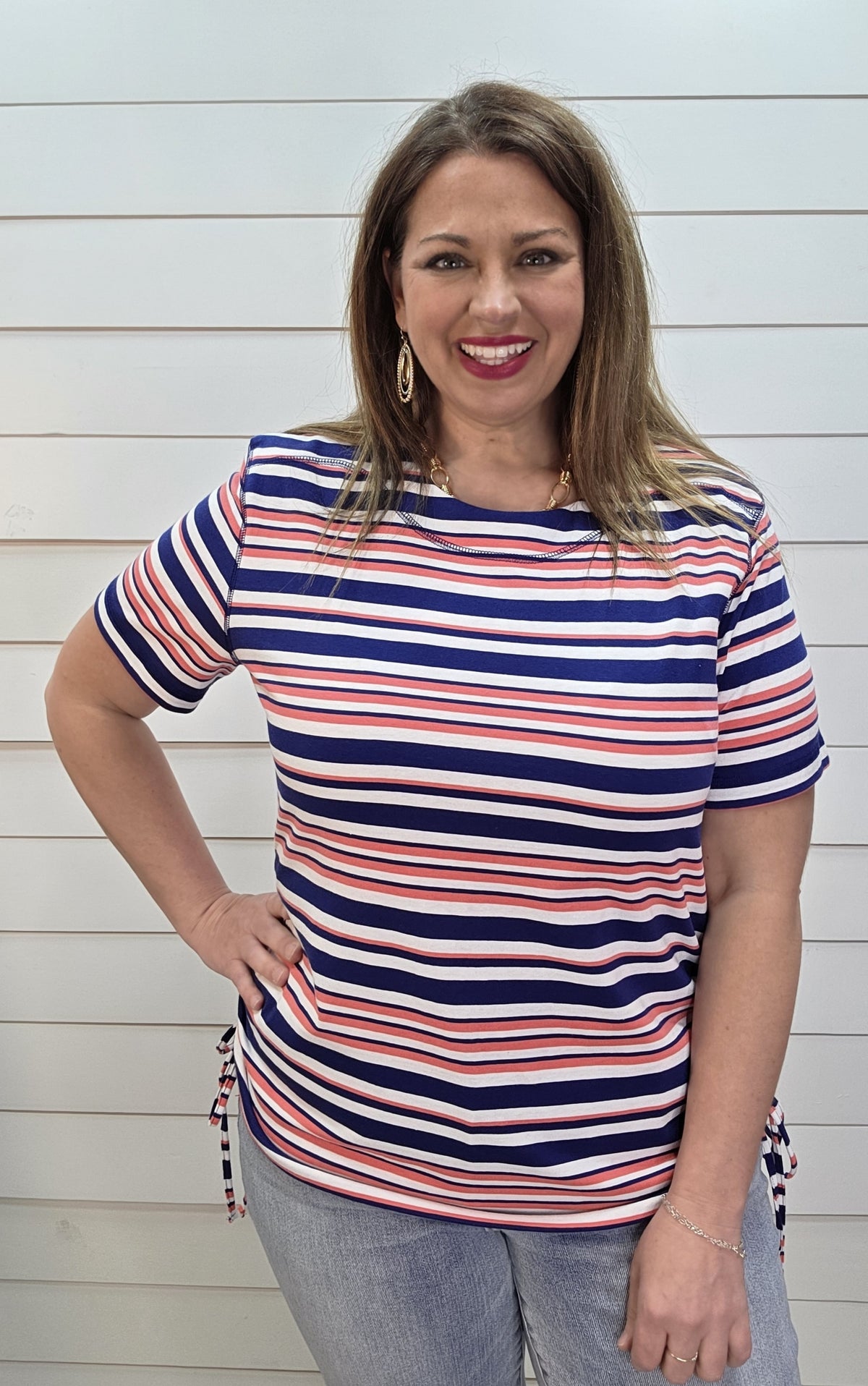 NAVY STRIPED DRAWSTRING SIDE KNIT TOP