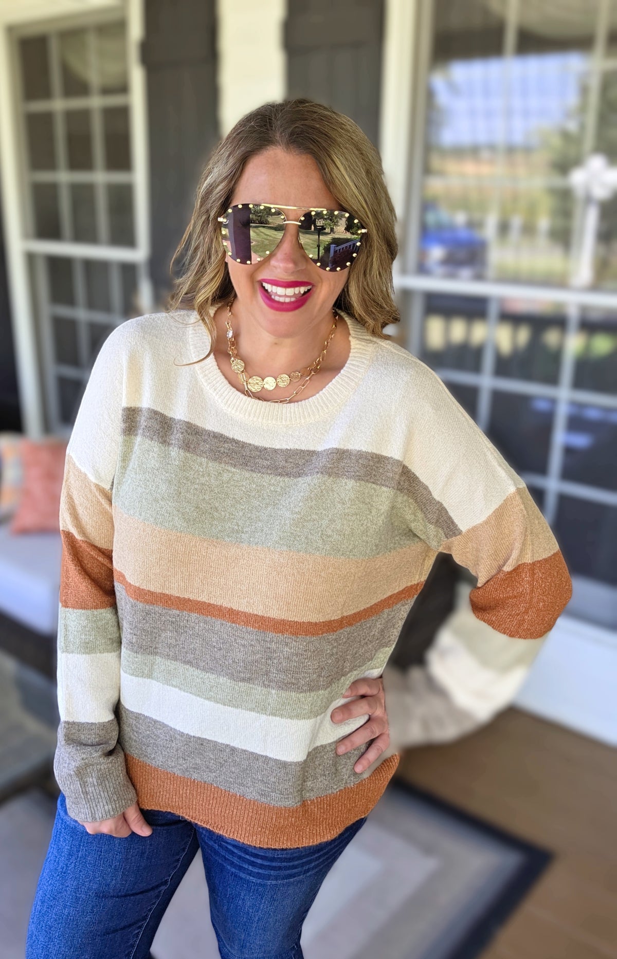 MOCHA/TAUPE/RUST COLORBLOCK KNIT LIGHT WEIGHT SWEATER