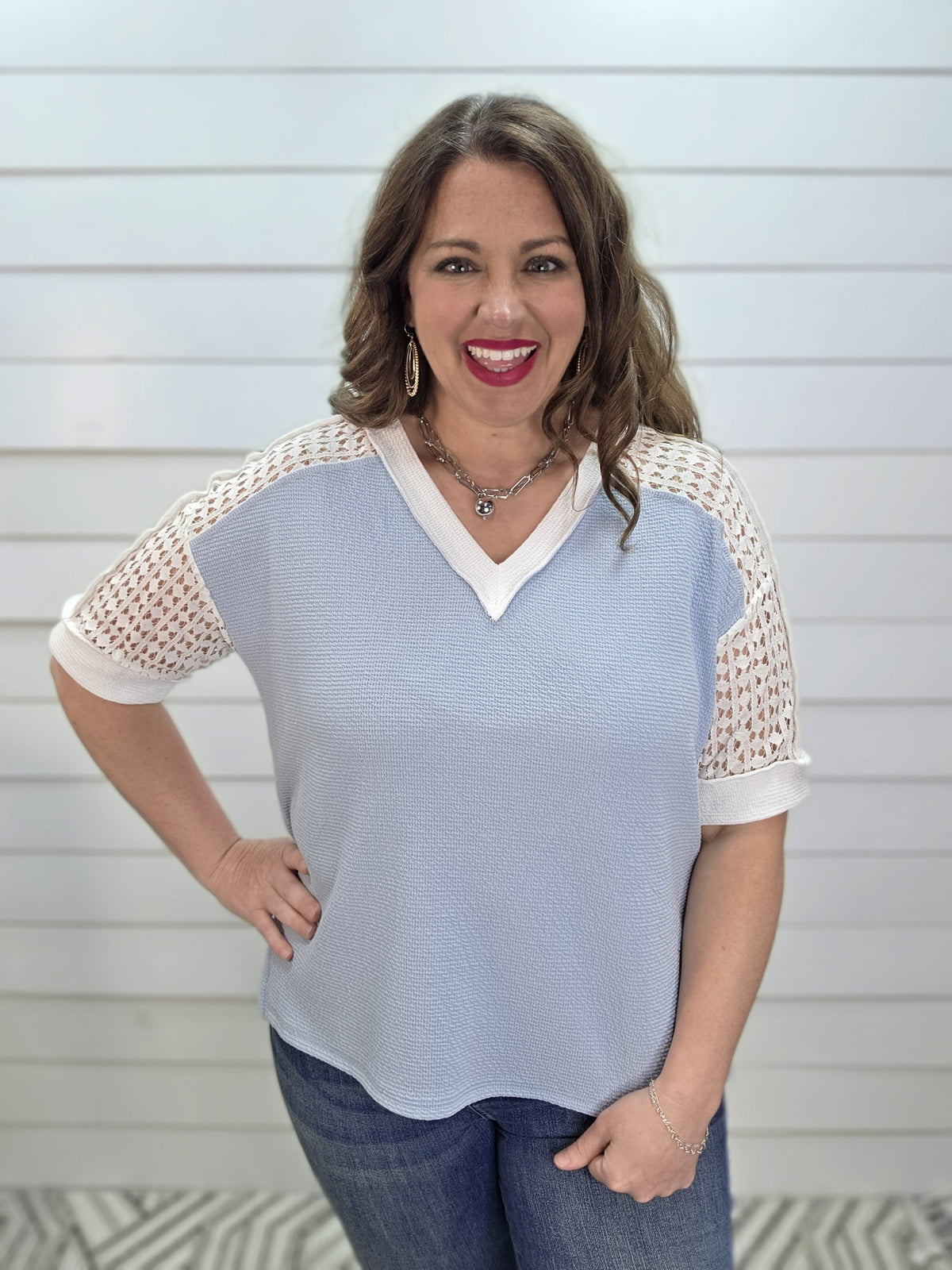 DENIM BLUE DREAM FABRIC W/ LACE CONTRAST SLEEVE