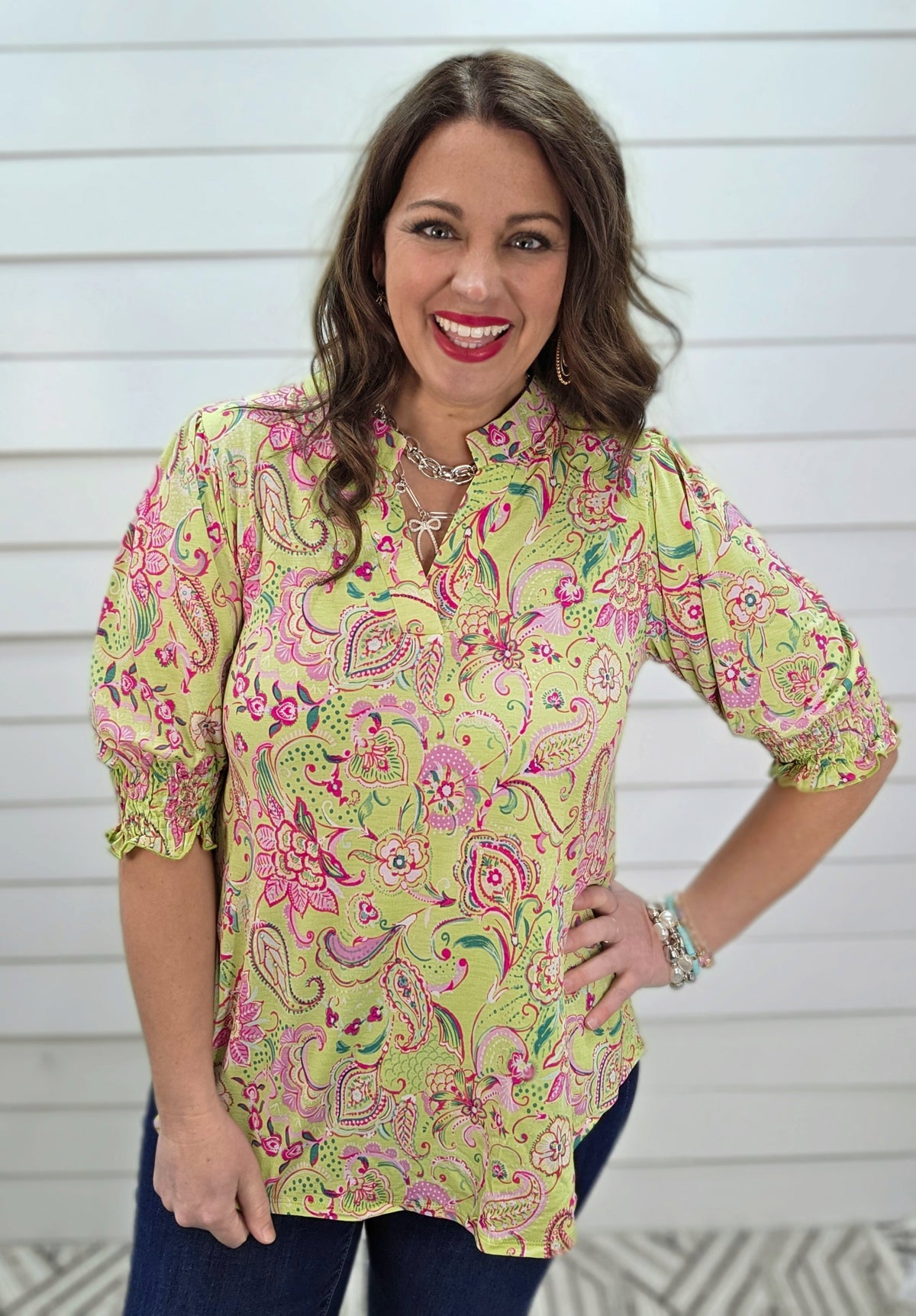 DEAR SCARLETT SMOCKED TOP - GREEN/PINK PRINTED