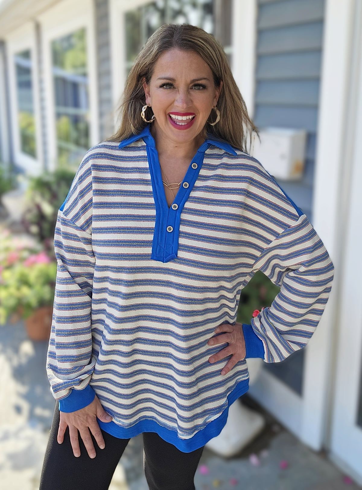 BLUE STRIPED V NECK COLLARED TOP