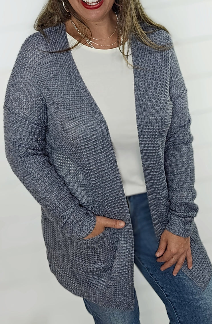 GREY LIGHT WEIGHT WAFFLE CARDIGAN