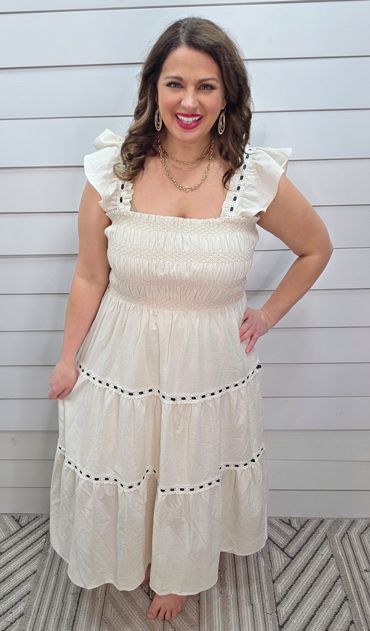 OATMEAL LACE/RIBBON TRIM LONG DRESS