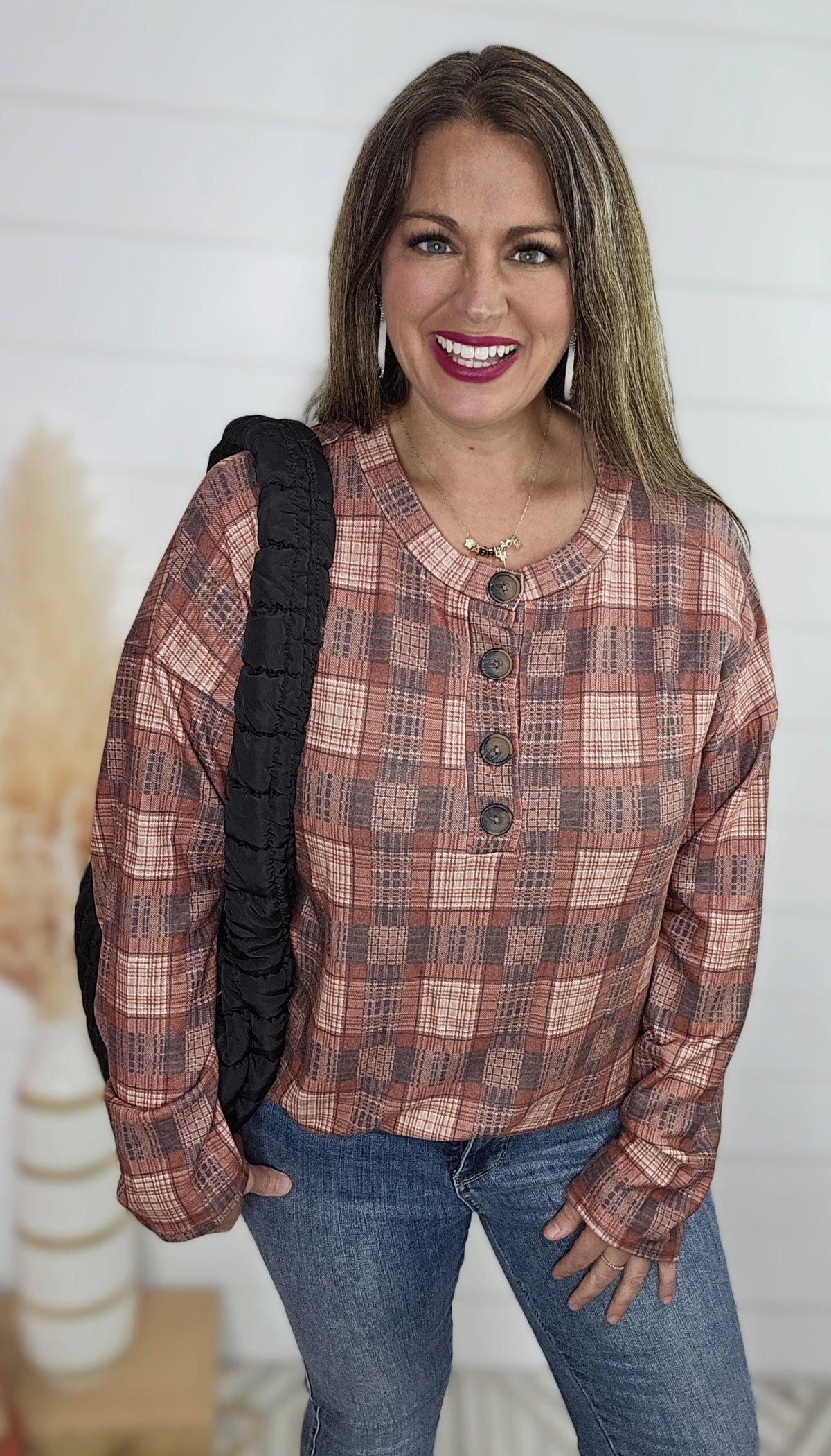 RUST MULTI PLAID HENLEY SOFT TOP