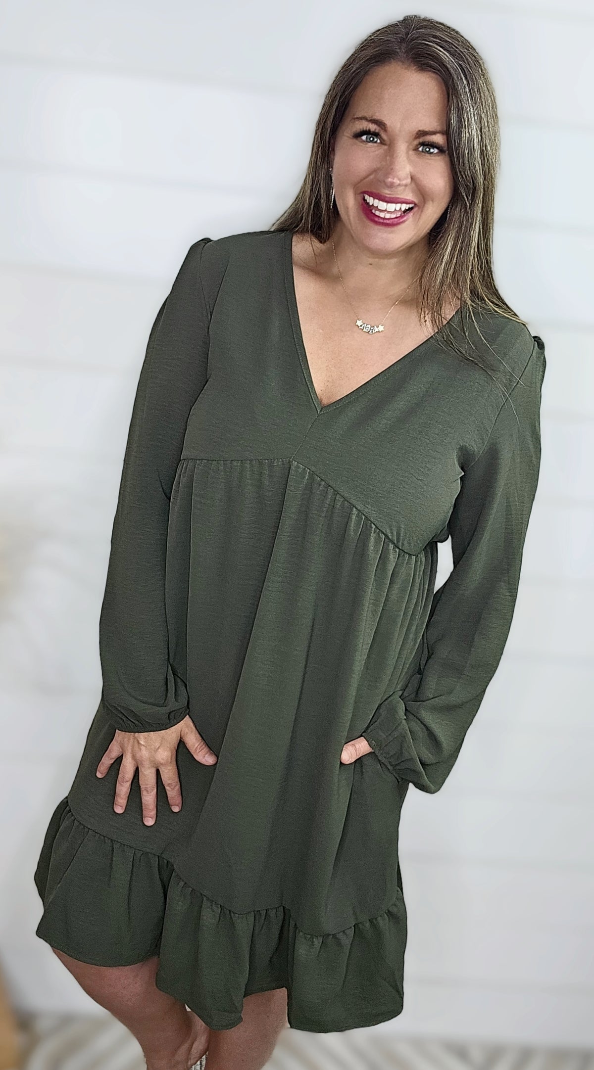 OLIVE V NECK BABYDOLL DRESS W/ RUFFLE HEM