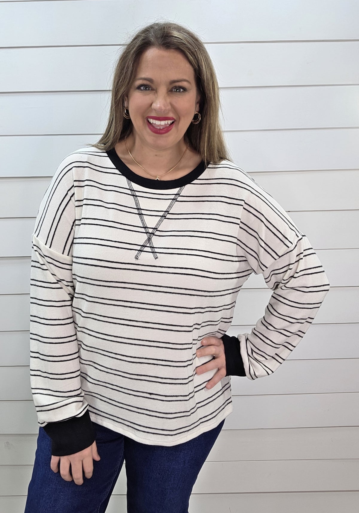 IVORY/BLACK STRIPED BRUSHED KNIT TOP