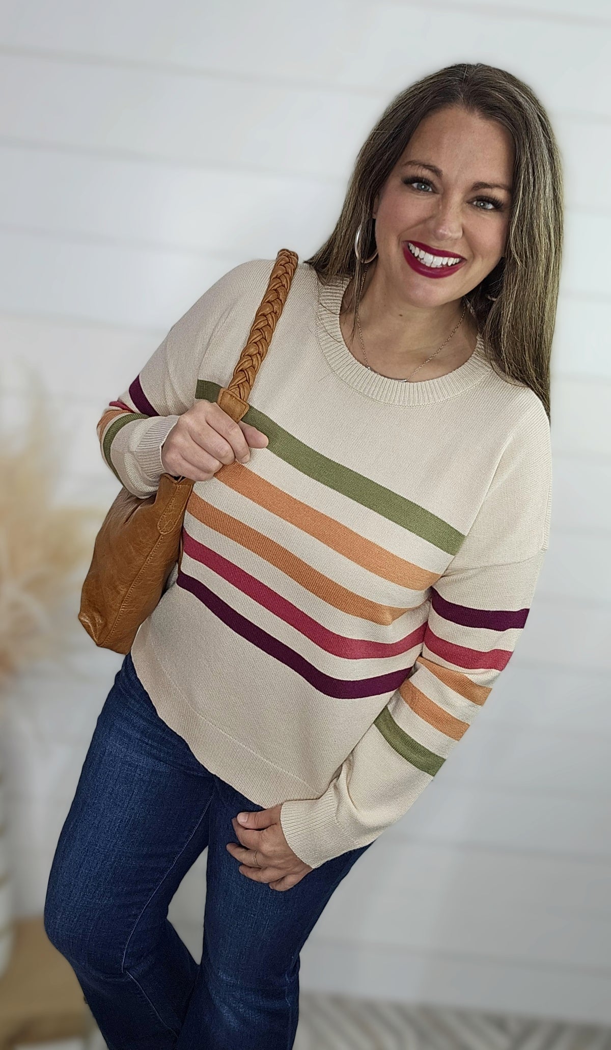 OATMEAL MULTI STRIPE SOFT PULLOVER SWEATER