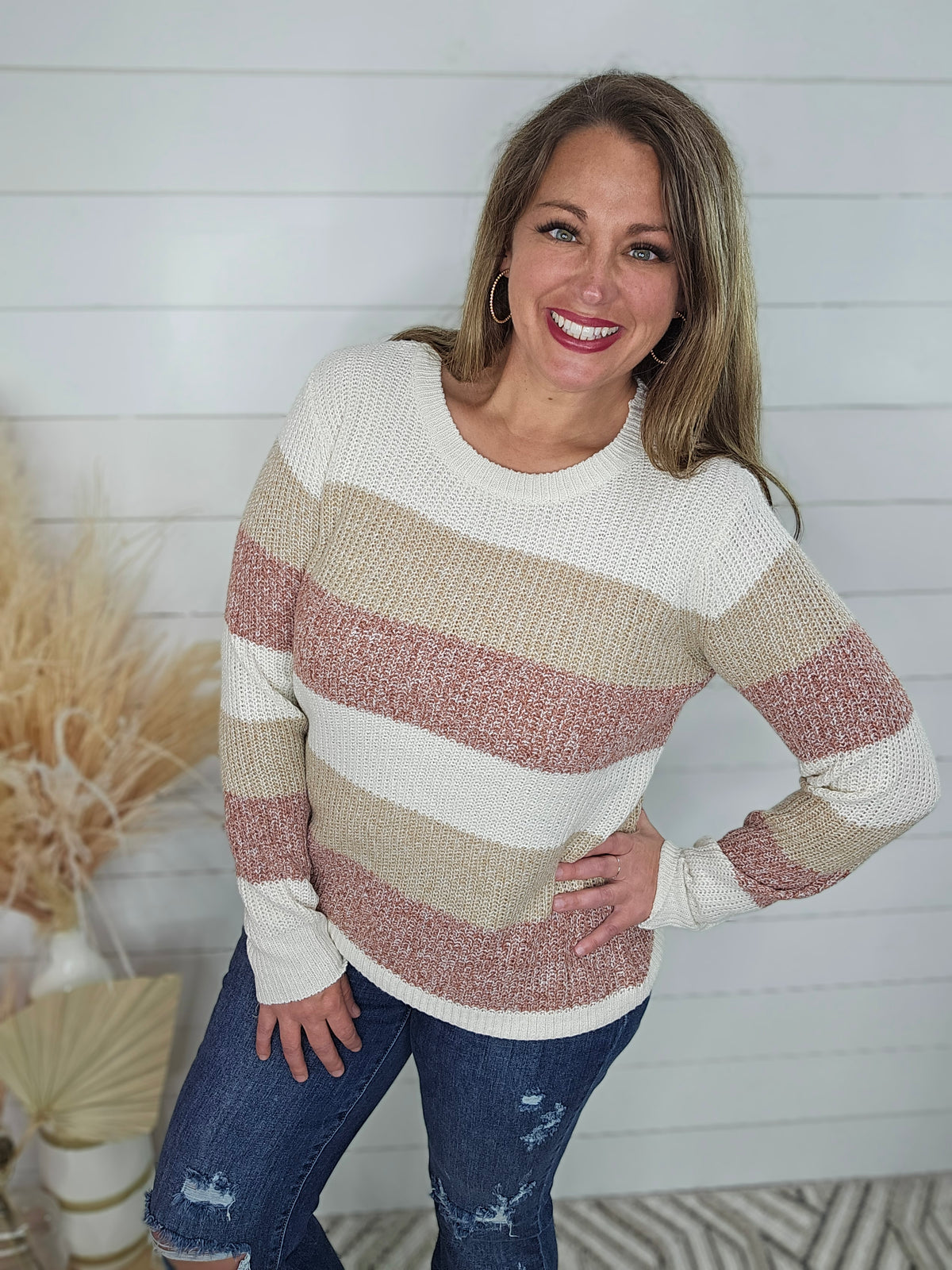 IVORY/TAUPE STRIPED LIGHT WEIGHT SWEATER