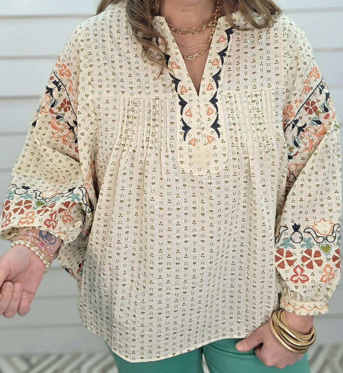 OATMEAL DOLMAN OVERSIZED FLORAL EMBROIDERED V NECK TOP